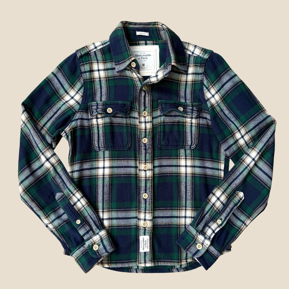 Abercrombie & Fitch Thick Flannel Shirt Mens M Green Navy Blue Plaid Muscle Fit